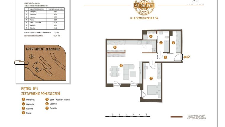 Rzut - Mieszkanie na sprzedaż 2 pokoje o powierzchni 68,77 m² - numer B1.B2.P1.M12 w Faktoria Młyn