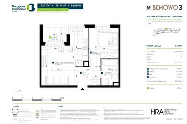 Rzut - Mieszkanie na sprzedaż 2 pokoje o powierzchni 39,34 m² - numer AA0106 w M Bemowo 3