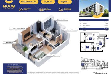 Rzut - Mieszkanie na sprzedaż 2 pokoje o powierzchni 39,38 m² - numer M44 w Nove Dobczyce