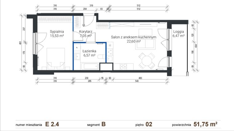 Rzut - Mieszkanie na sprzedaż 2 pokoje o powierzchni 51,75 m² - numer E 2.4 w Nowe Zabłocie
