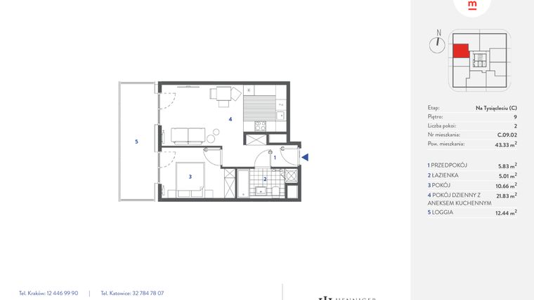 Rzut - Mieszkanie na sprzedaż 2 pokoje o powierzchni 43,33 m² - numer C.09.02 w Mieszkaj w mieście - Na Tysiącleciu budynek C