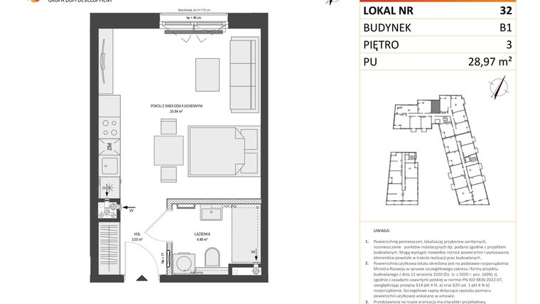 Rzut - Mieszkanie na sprzedaż 1 pokój o powierzchni 28,97 m² - numer B1.32 w Zajezdnia Motława