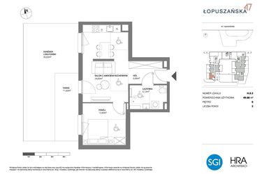 Rzut - Mieszkanie na sprzedaż 2 pokoje o powierzchni 49,68 m² - numer H.0.2 w Łopuszańska 47 - etap 3