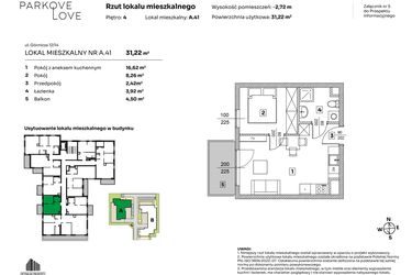 Rzut - Mieszkanie na sprzedaż 2 pokoje o powierzchni 31,22 m² - numer A.41 w Parkove Love