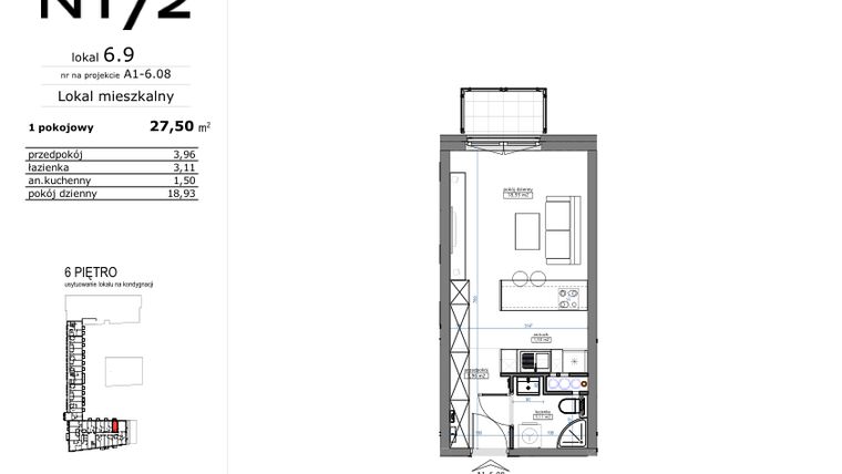 Rzut - Mieszkanie na sprzedaż 1 pokój o powierzchni 27,5 m² - numer 06.09 w Naramowicka 172