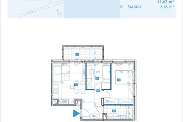 Rzut - Mieszkanie na sprzedaż 3 pokoje o powierzchni 51,67 m² - numer F15 w Osiedle Botaników etap F