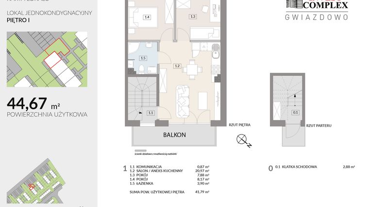 Rzut - Mieszkanie na sprzedaż 3 pokoje o powierzchni 44,67 m² - numer A52.2 w Osiedle Gwiazdowo etap 6B