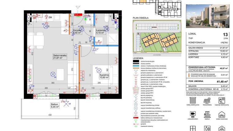 Rzut - Mieszkanie na sprzedaż 2 pokoje o powierzchni 40,97 m² - numer 13 w Harmony Antoninek