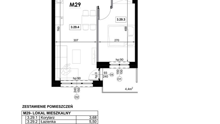 Rzut - Mieszkanie na sprzedaż 2 pokoje o powierzchni 42,78 m² - numer M29 w Miejska Premium II