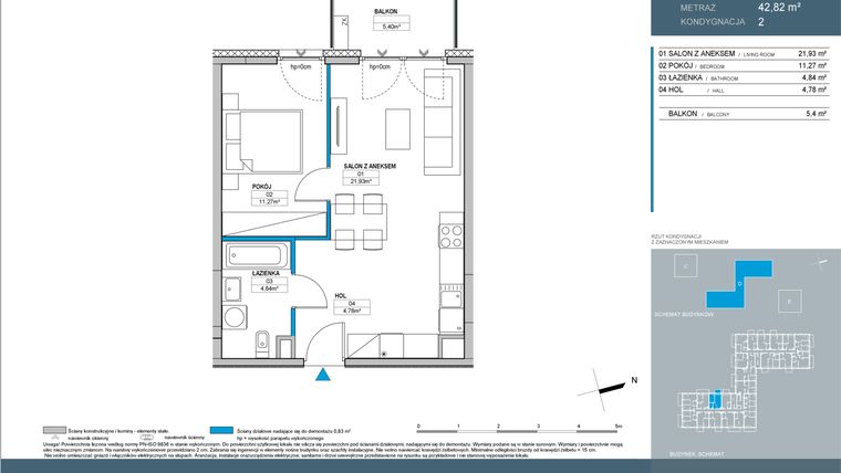 Rzut - Mieszkanie na sprzedaż 2 pokoje o powierzchni 42,82 m² - numer D1.2.10 w Nordic Bemowo - etap IV