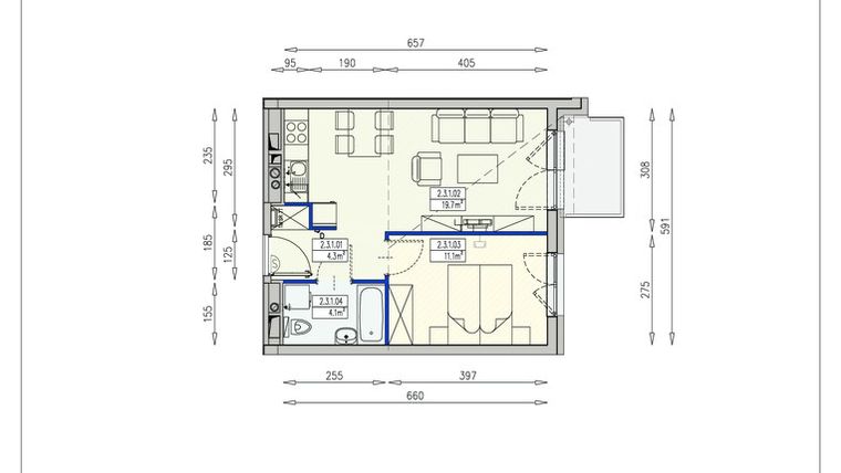 Rzut - Mieszkanie na sprzedaż 2 pokoje o powierzchni 39,2 m² - numer L1 2/3/1/2a w Awipolis
