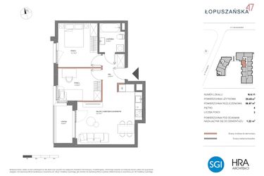 Rzut - Mieszkanie na sprzedaż 3 pokoje o powierzchni 56,49 m² - numer N.4.11 w Łopuszańska 47 - etap 4