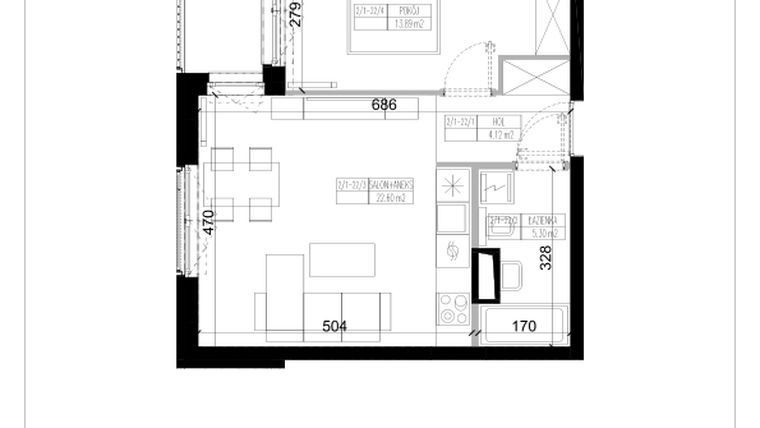 Rzut - Mieszkanie na sprzedaż 2 pokoje o powierzchni 45,91 m² - numer 1.22 w Ogrody Wiślane etap VI