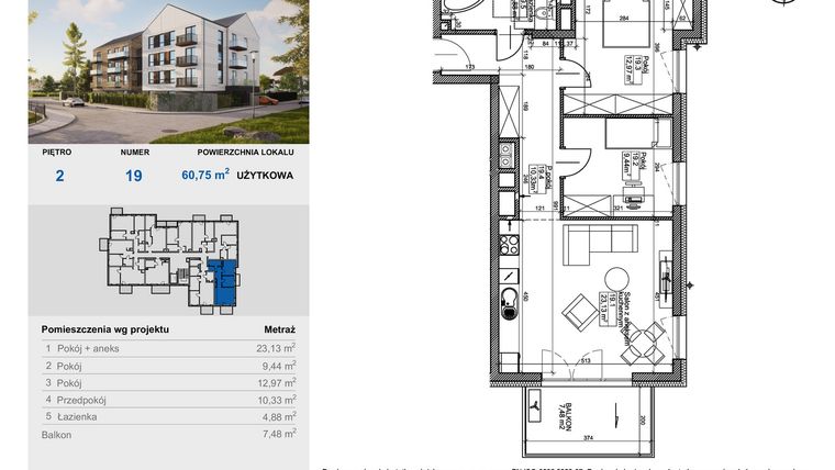 Rzut - Mieszkanie na sprzedaż 3 pokoje o powierzchni 60,75 m² - numer 19 w Balantia