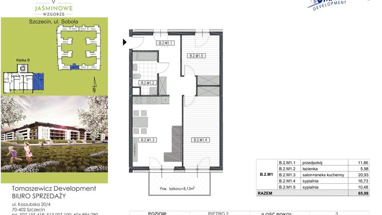 Rzut - Mieszkanie na sprzedaż 3 pokoje o powierzchni 65,98 m² - numer B2M1 w Jaśminowe Wzgórze