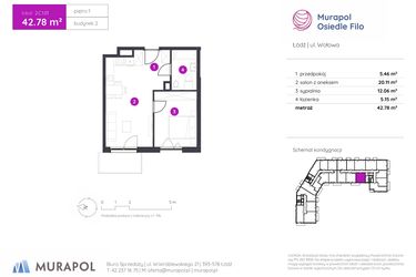 Rzut - Mieszkanie na sprzedaż 2 pokoje o powierzchni 42,78 m² - numer 2.C.1.01 w Murapol Osiedle Filo etap II