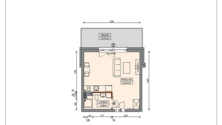 Rzut - Mieszkanie na sprzedaż 1 pokój o powierzchni 27,52 m² - numer B5.0.01.1A w Stegna Park II