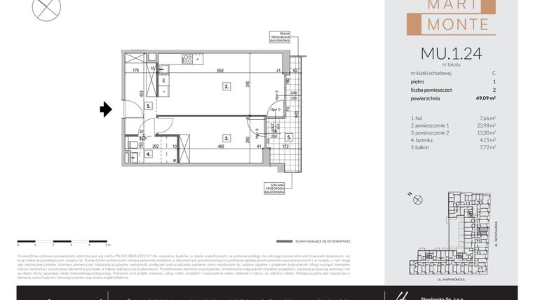 Rzut - Mieszkanie na sprzedaż 2 pokoje o powierzchni 49,09 m² - numer MU.1.24 w Marimonte - apartamenty inwestycyjne