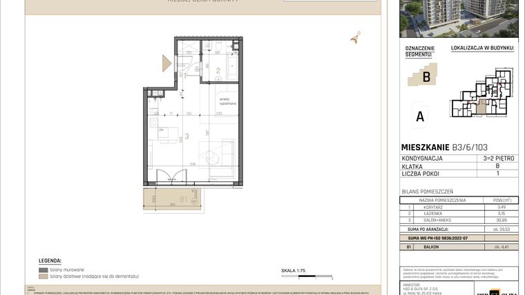 Rzut - Mieszkanie na sprzedaż 1 pokój o powierzchni 39,53 m² - numer B3/6/103 w GEMINI G-7