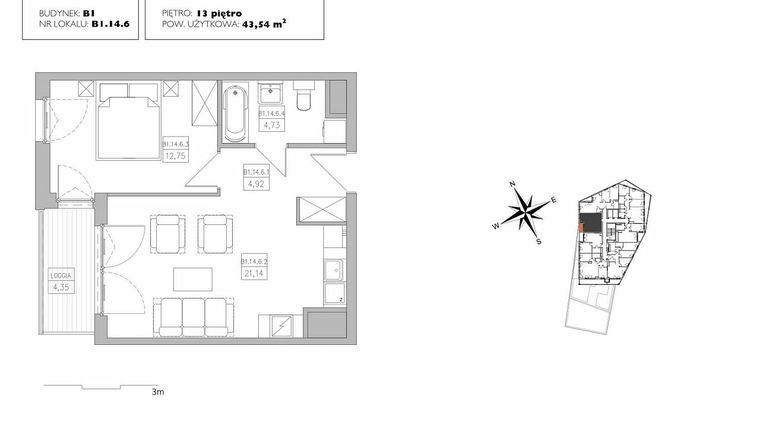 Rzut - Mieszkanie na sprzedaż 2 pokoje o powierzchni 43,54 m² - numer B1.14.6 w Alvarium 2.0