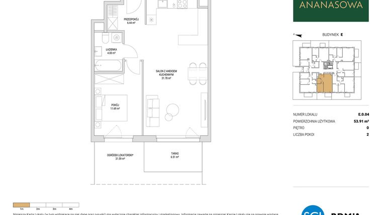 Rzut - Mieszkanie na sprzedaż 2 pokoje o powierzchni 53,91 m² - numer E.0.04 w Ananasowa