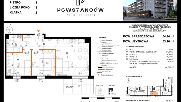 Rzut - Mieszkanie na sprzedaż 3 pokoje o powierzchni 53,1 m² - numer 28 w Powstańców Residence