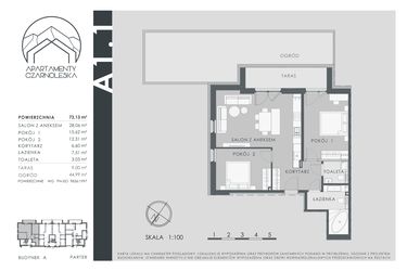 Rzut - Mieszkanie na sprzedaż 3 pokoje o powierzchni 73,13 m² - numer A1.1 w Apartamenty Czarnoleska