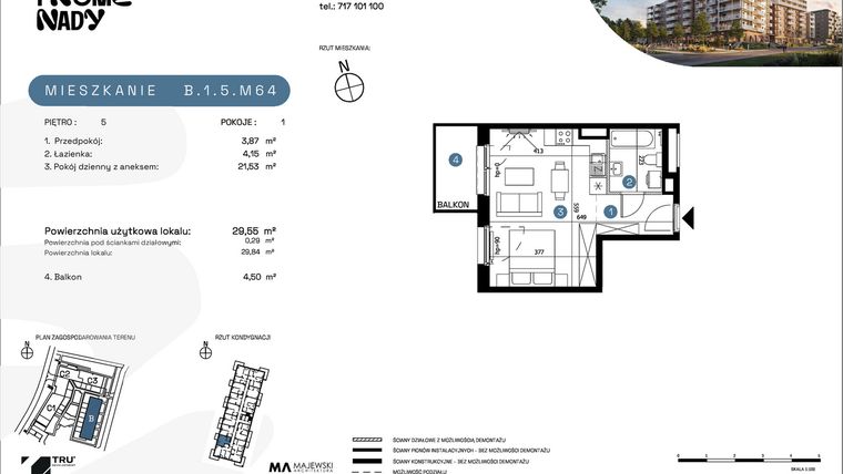 Rzut - Mieszkanie na sprzedaż 1 pokój o powierzchni 29,55 m² - numer B.1.5.M64 w Nowe Promenady etap II