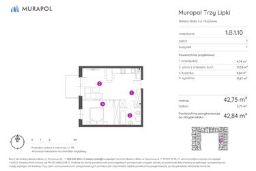 Rzut - Mieszkanie na sprzedaż 2 pokoje o powierzchni 42,84 m² - numer 1.B.1.10 w Murapol Trzy Lipki
