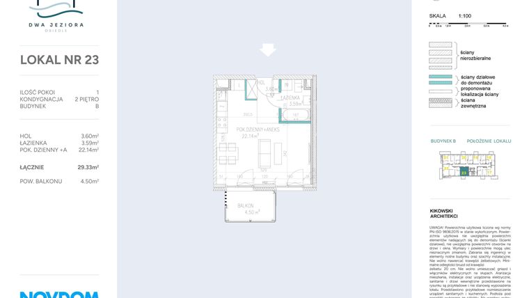 Rzut - Mieszkanie na sprzedaż 1 pokój o powierzchni 29,33 m² - numer B.23 w Dwa Jeziora AB