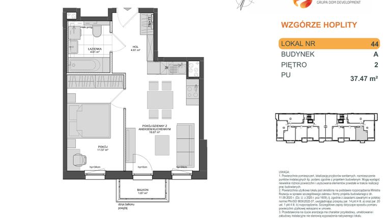 Rzut - Mieszkanie na sprzedaż 2 pokoje o powierzchni 37,47 m² - numer 1_1_A_2_44 w Wzgórze Hoplity