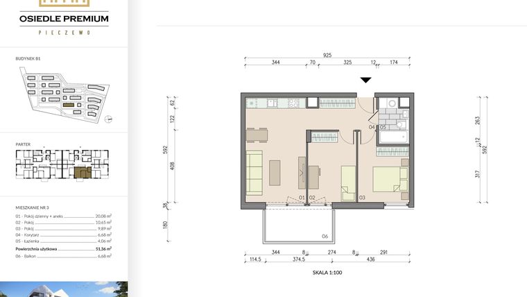 Rzut - Mieszkanie na sprzedaż 3 pokoje o powierzchni 51,36 m² - numer B1.3 w Osiedle Premium etap IV