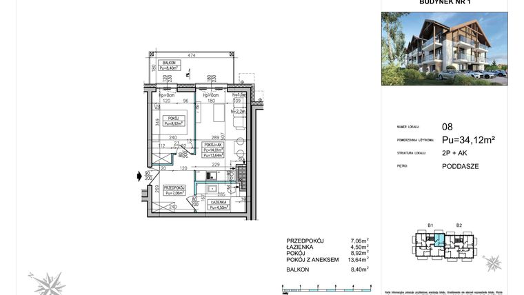 Rzut - Mieszkanie na sprzedaż 2 pokoje o powierzchni 34 m² - numer B1-08 w Villa Vistula