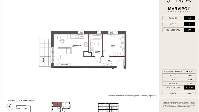 Rzut - Mieszkanie na sprzedaż 2 pokoje o powierzchni 40,08 m² - numer C.M07 w Osiedle Senza