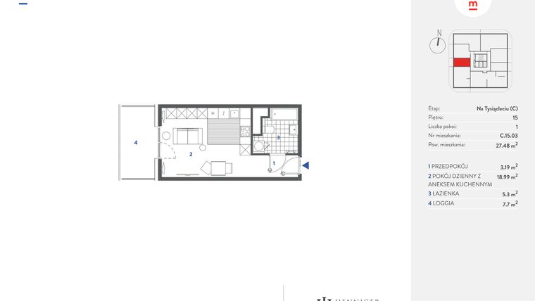 Rzut - Mieszkanie na sprzedaż 1 pokój o powierzchni 27,49 m² - numer C.15.03 w Mieszkaj w mieście - Na Tysiącleciu budynek C
