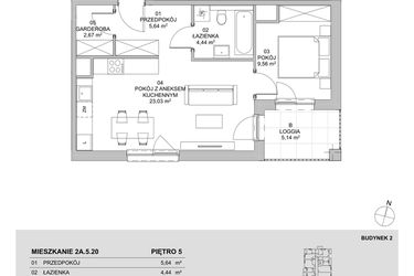 Rzut - Mieszkanie na sprzedaż 2 pokoje o powierzchni 45,34 m² - numer 2A.5.20 w Francuska Park VIIIA