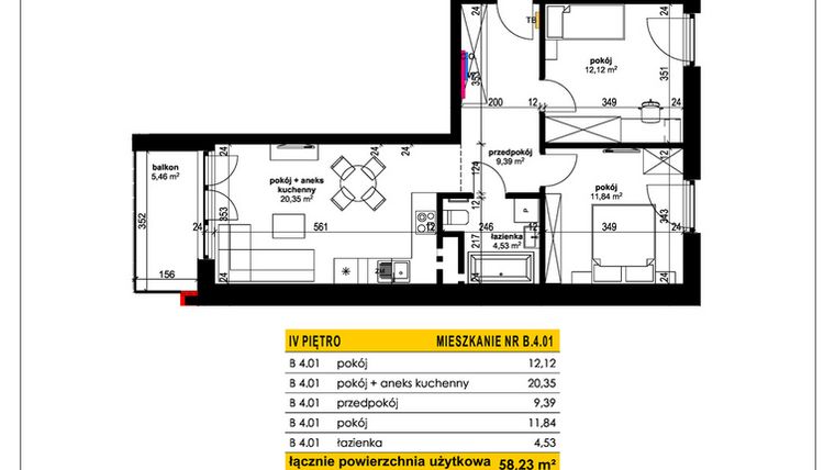 Rzut - Mieszkanie na sprzedaż 3 pokoje o powierzchni 58,23 m² - numer B 4.01 w Park Moniuszki II C