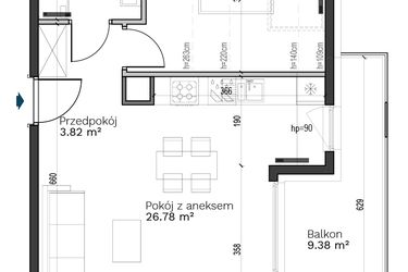 Rzut - Mieszkanie na sprzedaż 2 pokoje o powierzchni 43,59 m² - numer A-23 w Destino