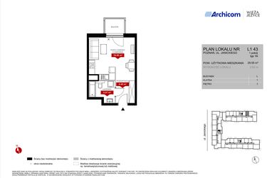 Rzut - Mieszkanie na sprzedaż 1 pokój o powierzchni 29,55 m² - numer L1.43 w Wieża Jeżyce etap VI