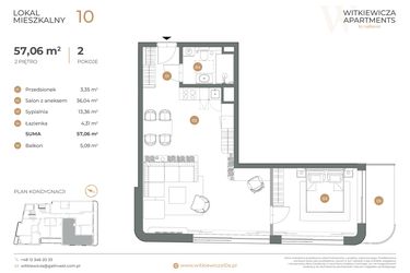 Rzut - Mieszkanie na sprzedaż 2 pokoje o powierzchni 57,06 m² - numer 10 w Witkiewicza Apartments