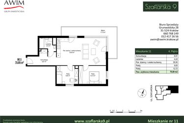 Rzut - Mieszkanie na sprzedaż 3 pokoje o powierzchni 70,89 m² - numer M11 w Szaflarska 9