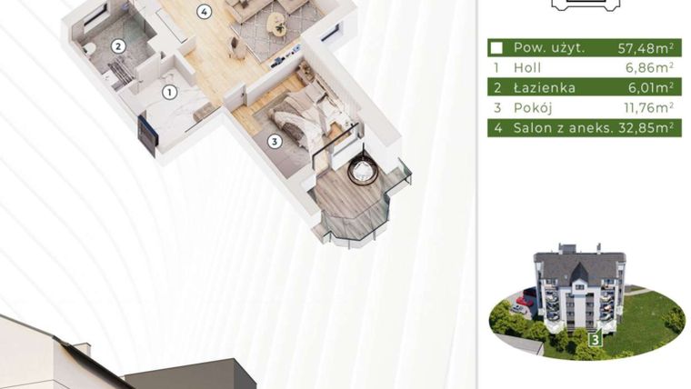 Rzut - Mieszkanie na sprzedaż 2 pokoje o powierzchni 57,48 m² - numer 21.M3 w Osiedle Leśny Zakątek