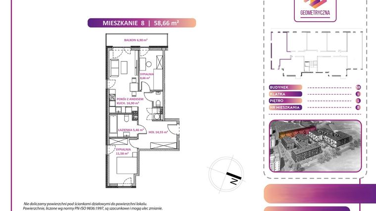 Rzut - Mieszkanie na sprzedaż 3 pokoje o powierzchni 58,66 m² - numer 8B w Geometryczna 5 - etap 3 - klatka I