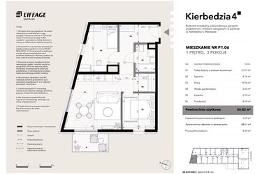 Rzut - Mieszkanie na sprzedaż 3 pokoje o powierzchni 56,82 m² - numer P1.06 w Kierbedzia 4