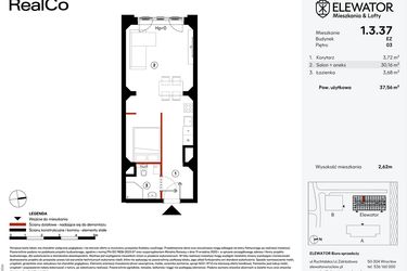 Rzut - Mieszkanie na sprzedaż 1 pokój o powierzchni 37,56 m² - numer EZ.1.3.37 w Elewator - Mieszkania i Lofty