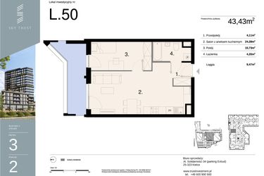Rzut - Mieszkanie na sprzedaż 2 pokoje o powierzchni 43,43 m² - numer L50 w Sky Trust etap II - apartamenty inwestycyjne 23% VAT PRS