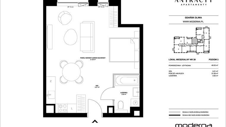 Rzut - Mieszkanie na sprzedaż 1 pokój o powierzchni 40,03 m² - numer 39 w Antracyt