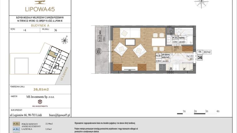 Rzut - Mieszkanie na sprzedaż 1 pokój o powierzchni 26,01 m² - numer A36 w Lipowa 45