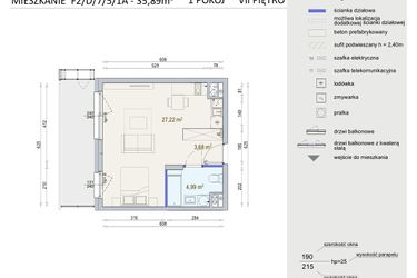 Rzut - Mieszkanie na sprzedaż 1 pokój o powierzchni 35,89 m² - numer D/7/5/1A w Modern Mokotów bud. F1 i F2
