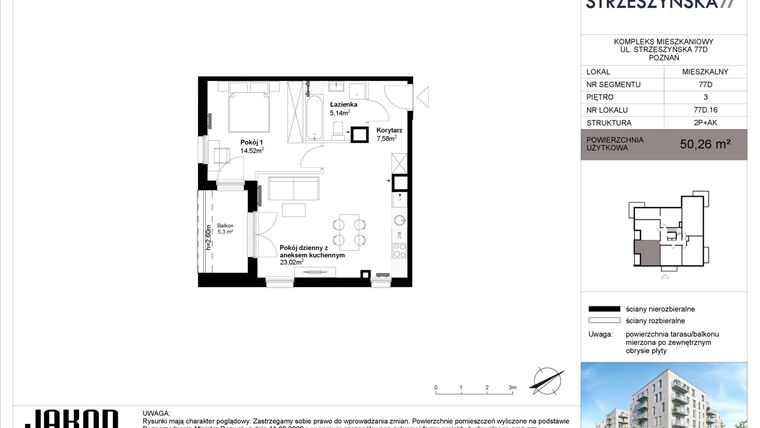 Rzut - Mieszkanie na sprzedaż 2 pokoje o powierzchni 50,26 m² - numer 77D.16 w Strzeszyńska 77